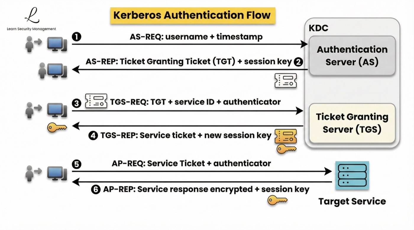 Complete Kerberos authentication flow showing TGT and service ticket exchange between the client, the KDC, and the target service